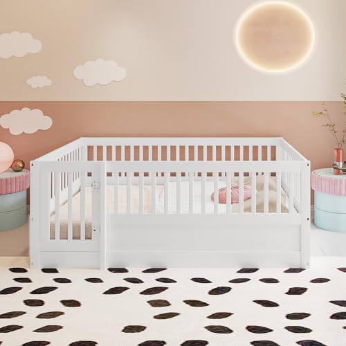 ANIROY Kinderbett, Bodenbett, Holzbettgestell mit Gitter und...