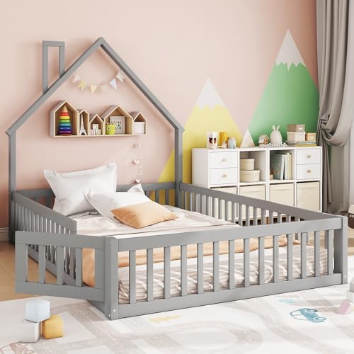 Kinderbett 140x200 cm, Bodenbett mit Rausfallschutz...