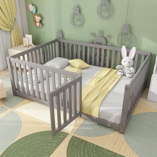 YESGIGA Kinderbett 140 x 200, Holzboden Bettrahmen mit Zaun...