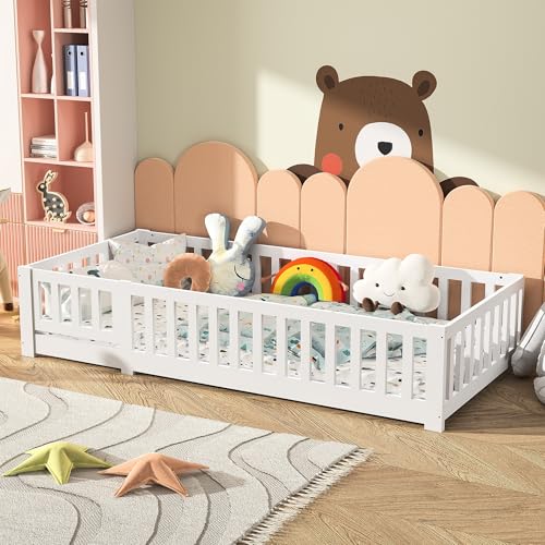 Julyue Kinderbett 90x200 cm mit Gehege und Tür, Montessori...